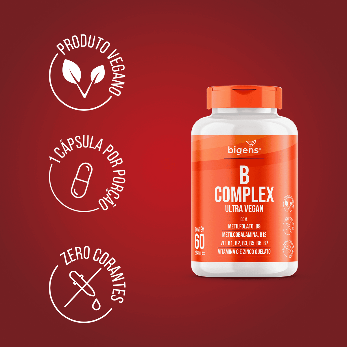B complex | B9 + B12 + B1 + B2 + B3 + B5 + B6 e B7 60 Cápsulas - Bigens