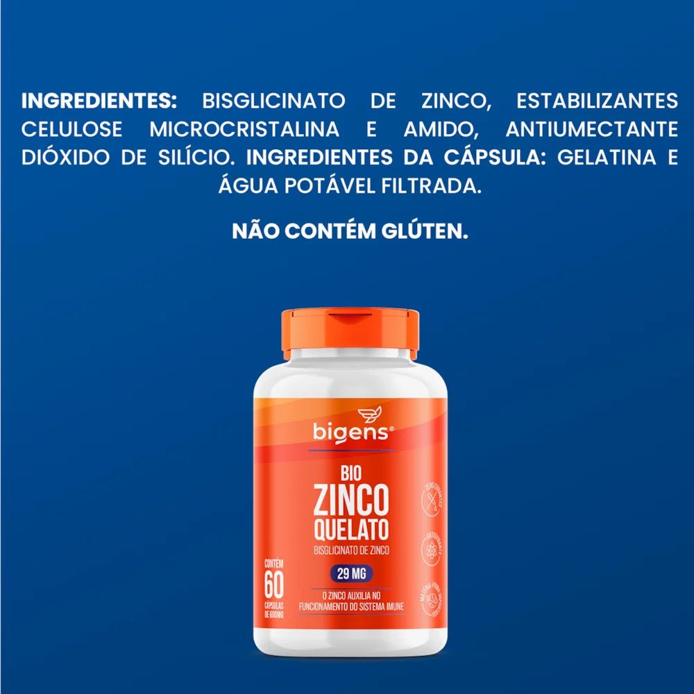 Bio Zinco Quelato | 29mg Bisglicinato de Zinco 60 Cápsulas - Bigens
