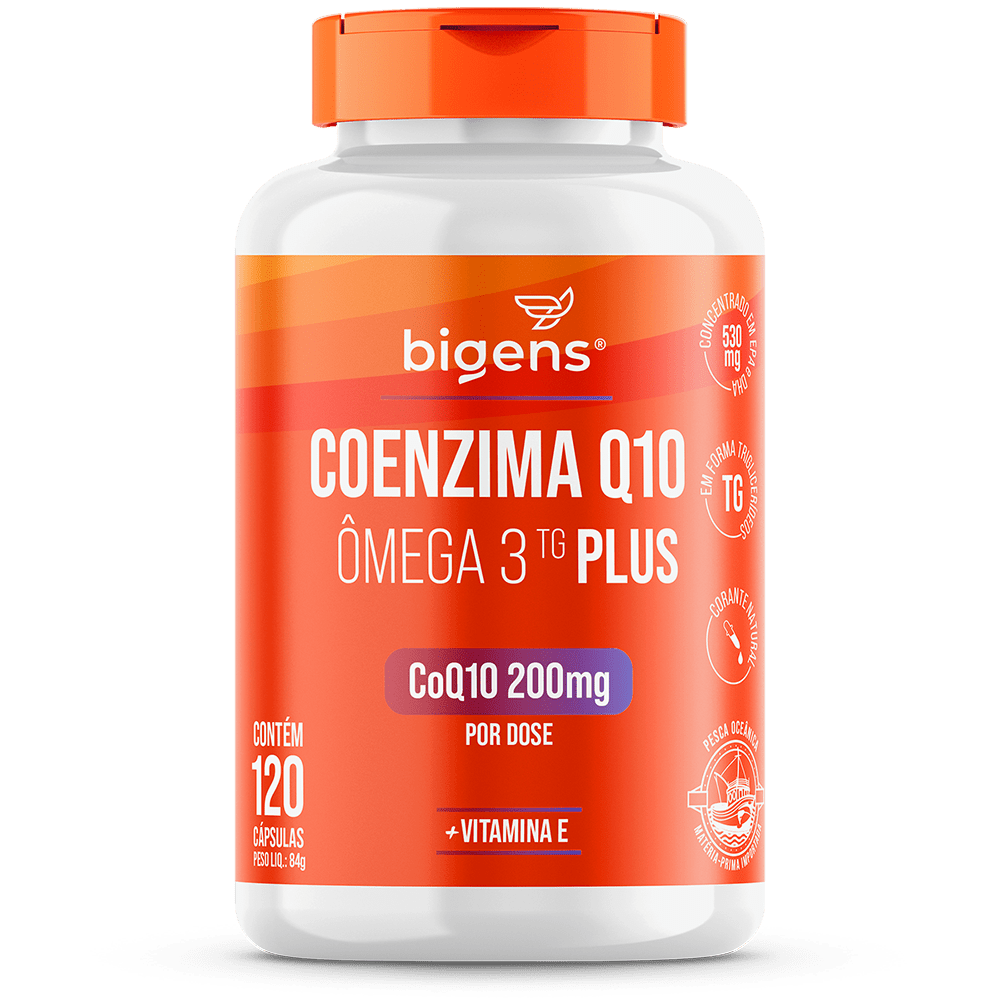 Coenzima Q10 Plus + Ômega 3 TG | Q10 200mg + Ômega 3 622mg + Vit. E 30mg 120 Cápsulas - Bigens