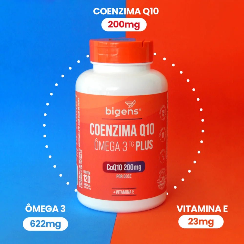 Coenzima Q10 Plus + Ômega 3 TG | Q10 200mg + Ômega 3 622mg + Vit. E 30mg 120 Cápsulas - Bigens