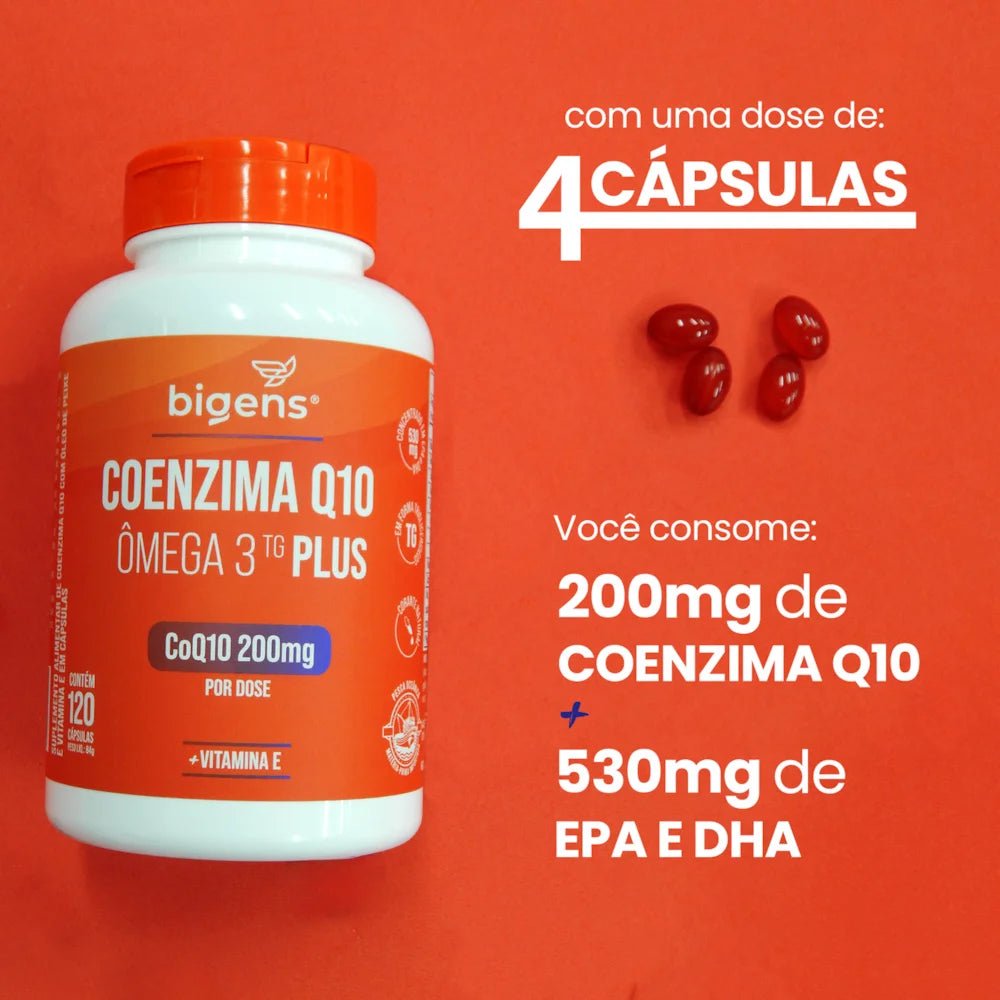 Coenzima Q10 Plus + Ômega 3 TG | Q10 200mg + Ômega 3 622mg + Vit. E 30mg 120 Cápsulas - Bigens