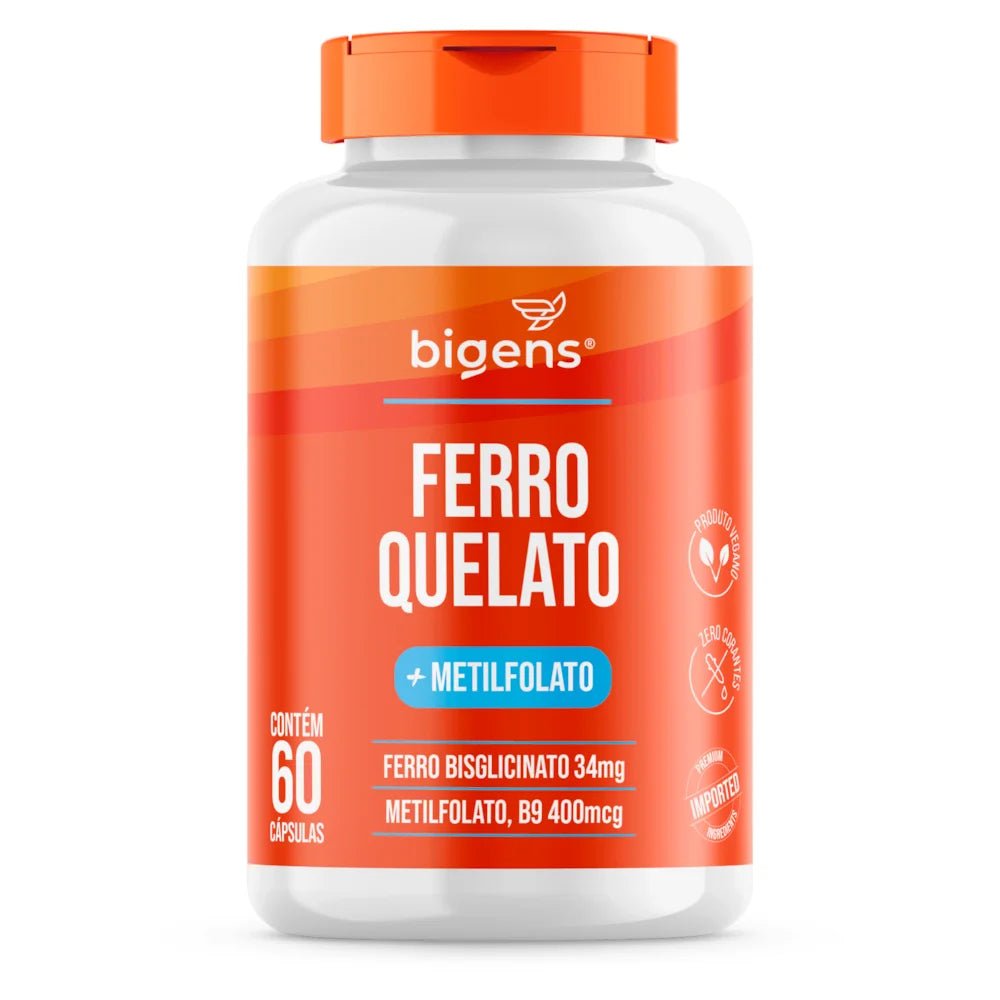 Ferro Quelato + Metilfolato | 34mg Bisglicinato + B9 60 Cápsulas - Bigens