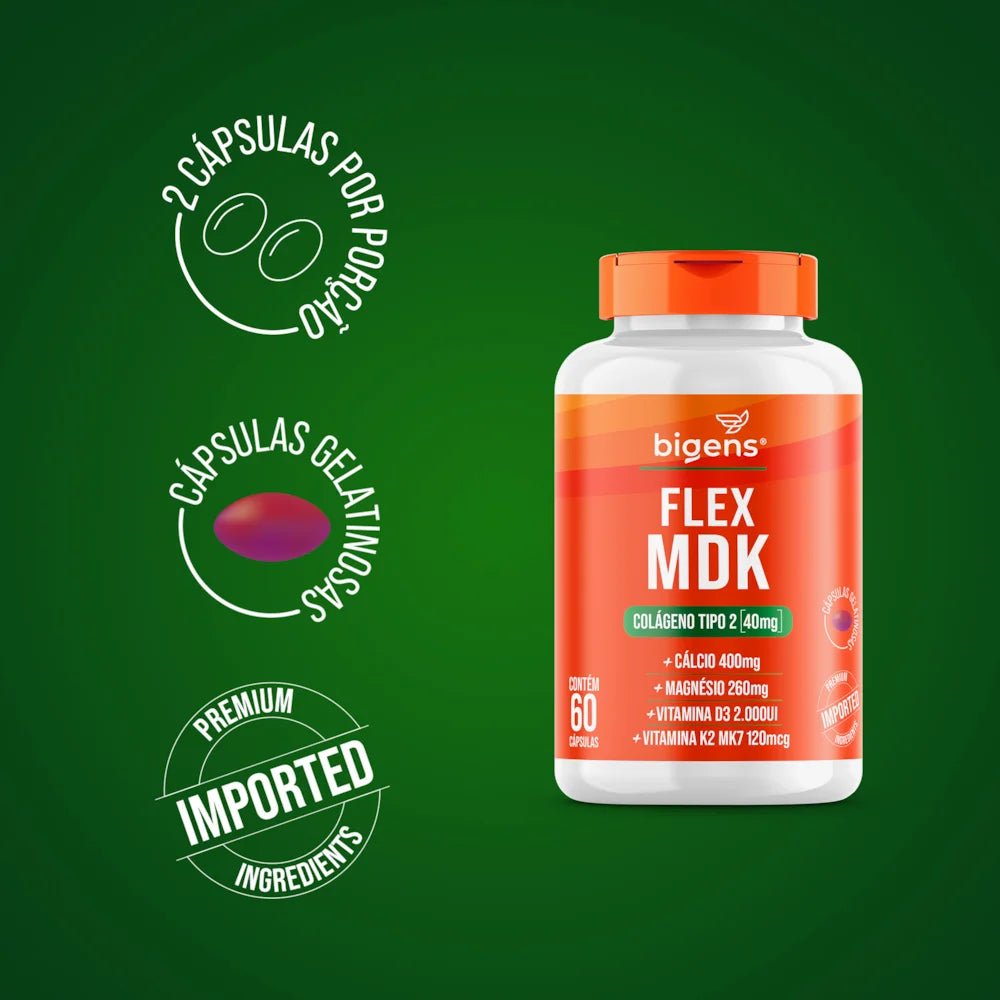Flex MDK | Colágeno Tipo 2 + Cálcio + Magnésio + Vit. D3 e K2 60 Cápsulas - Bigens