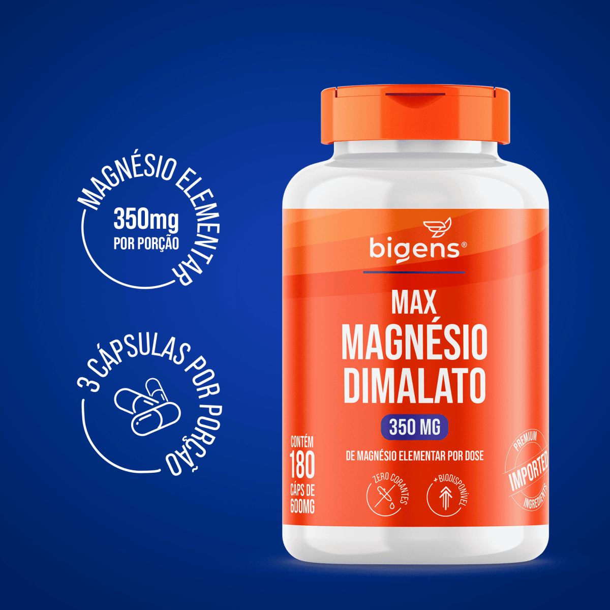 Max Magnésio Dimalato | 350mg de Magnésio Elementar 180 Cápsulas - Bigens