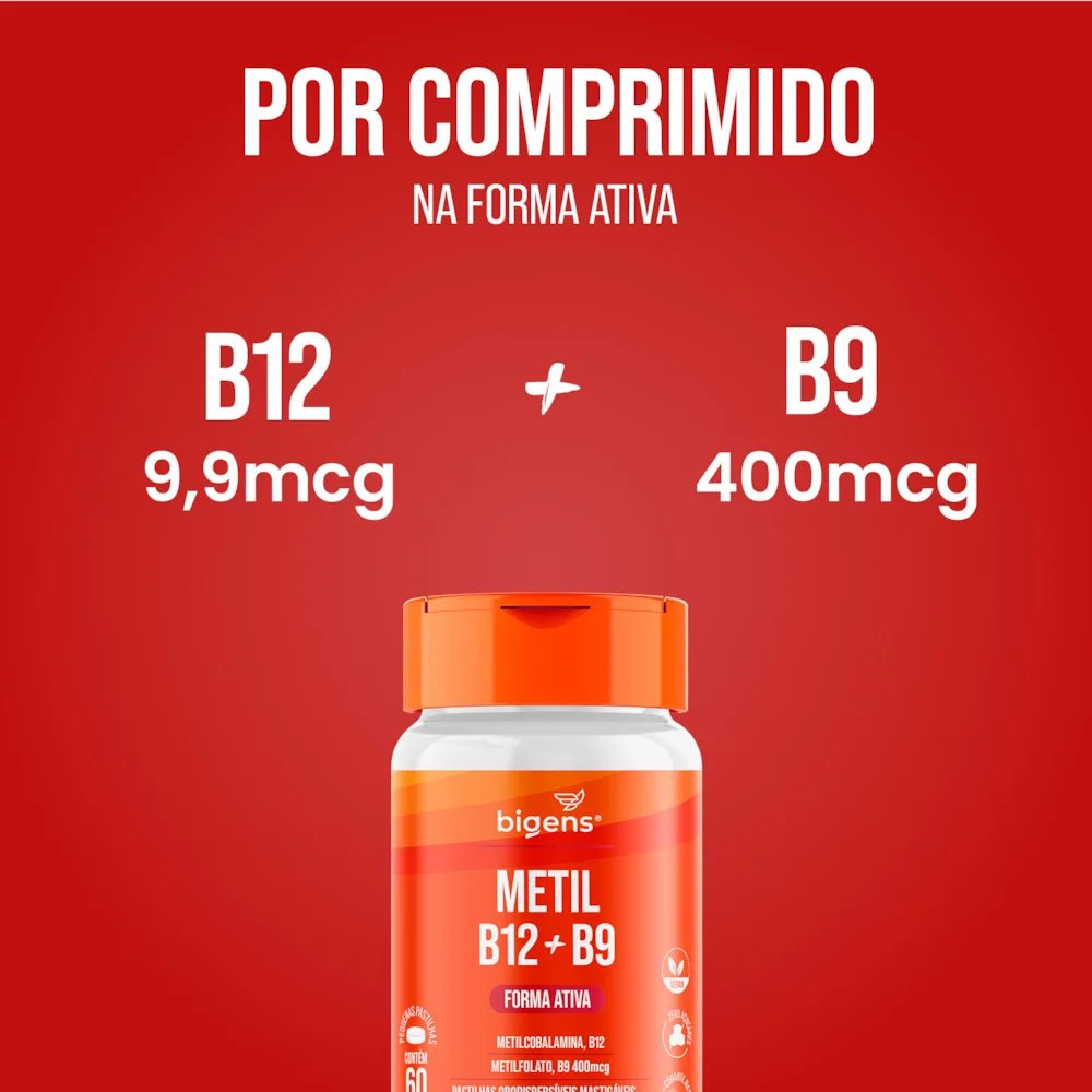 Metil B12 + Metil B9 | Forma Ativa Sabor Morango 60 Pastilhas - Bigens