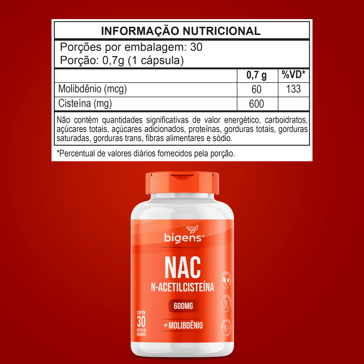 NAC N - Acetilcisteína | Molibdênio 30 Cápsulas - Bigens