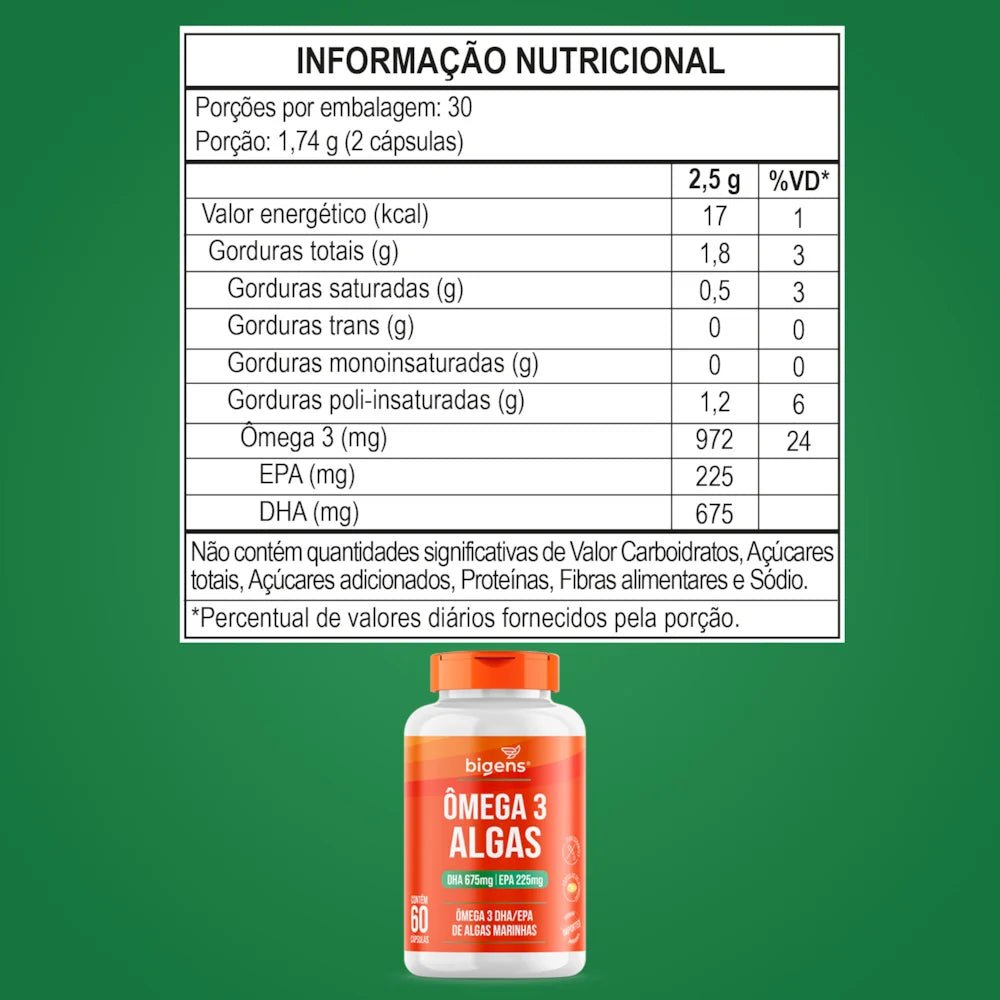ÔMEGA 3 ALGAS 60 DHA 675MG | EPA 225MG 60 Cápsulas - Bigens