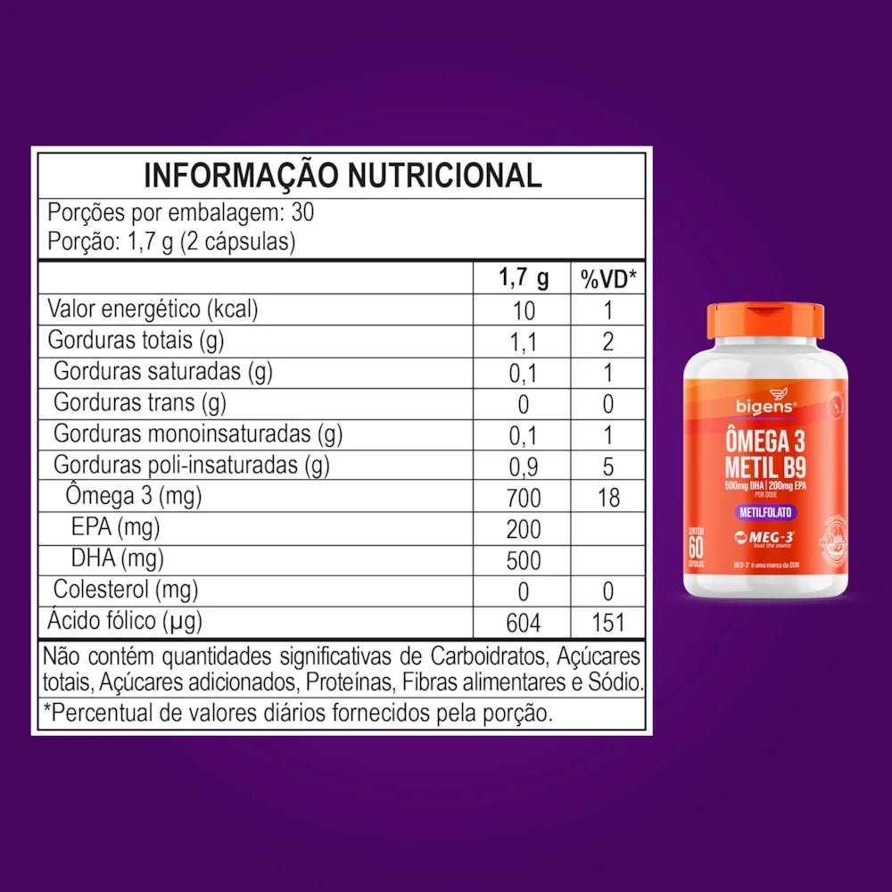 Ômega 3 + Metil B9 | Metilfolato 60 Cápsulas - Bigens