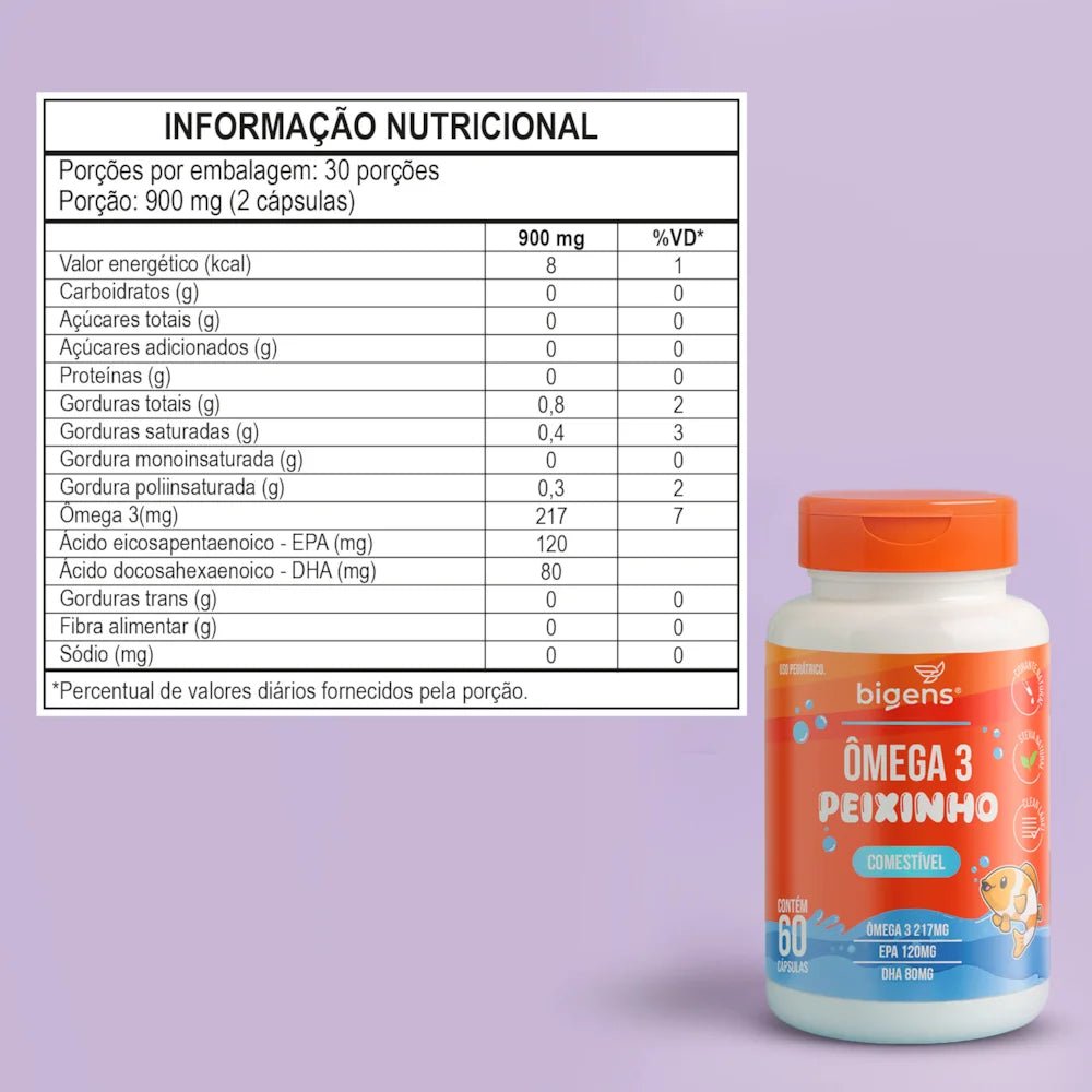 Ômega 3 Peixinho | Comestível Ômega 3 217mg 60 Cápsulas - Bigens