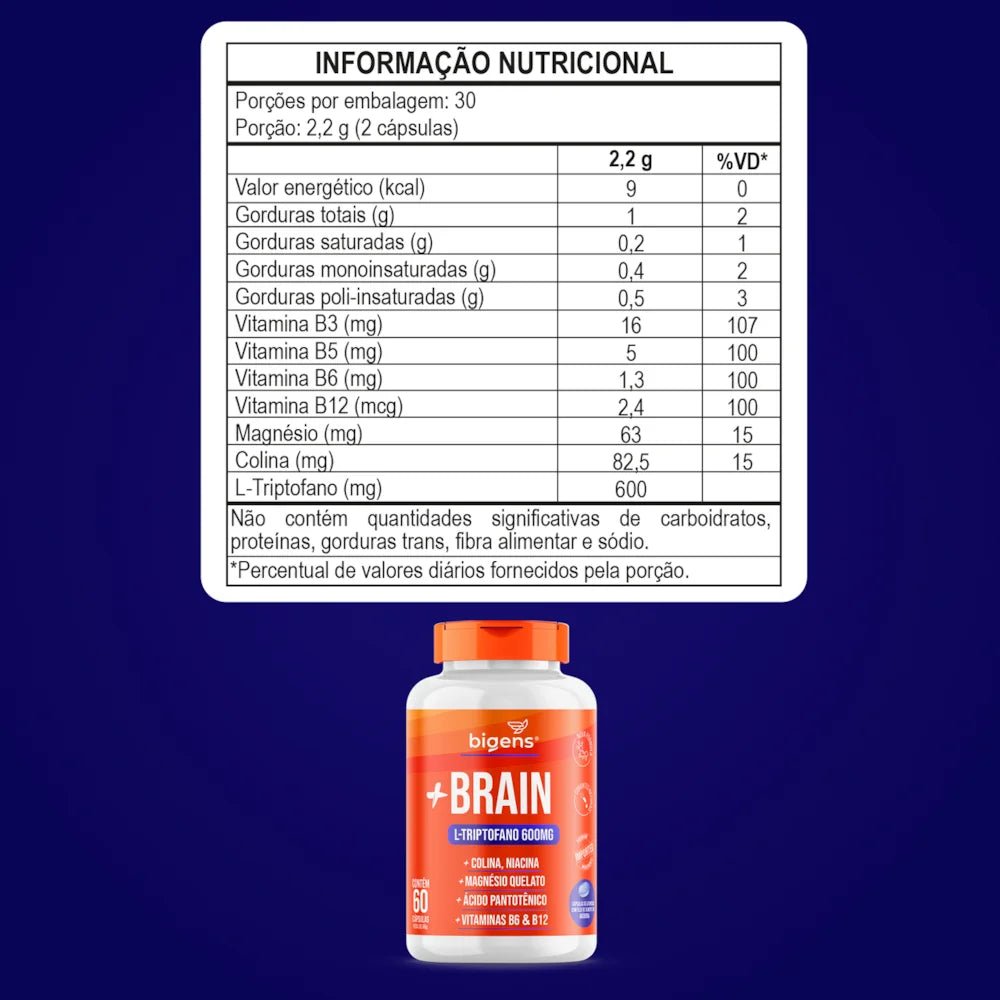 Plus Brain | L - Triptofano 600mg 60 Cápsulas - Bigens