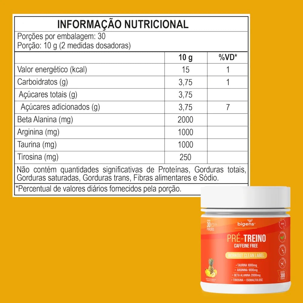 Pré - Treino Caffeine Free Frutas Amarelas Taurina + Arginina + Beta alanina + Tirosina e Isomaltulose 300g - Bigens