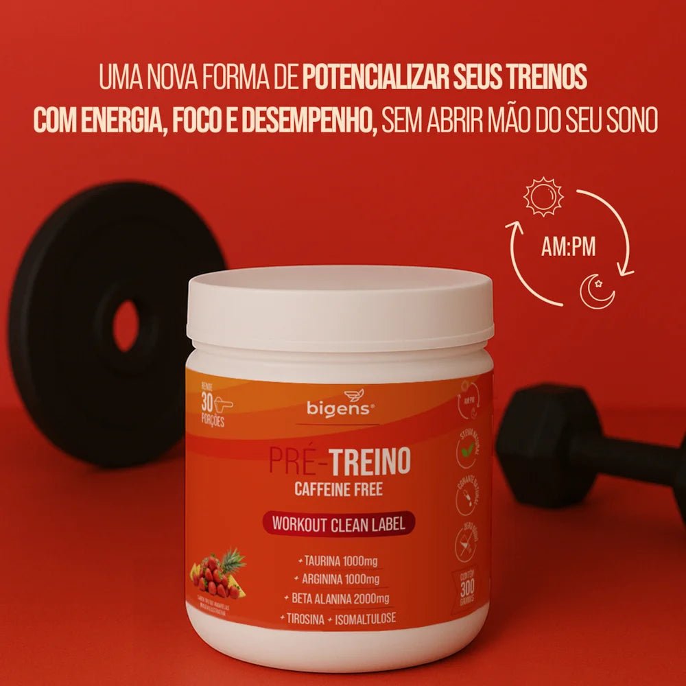 Pré - Treino Caffeine Free Morango e Abacaxi Taurina + Arginina + Beta alanina + Tirosina e Isomaltulose 300g - Bigens