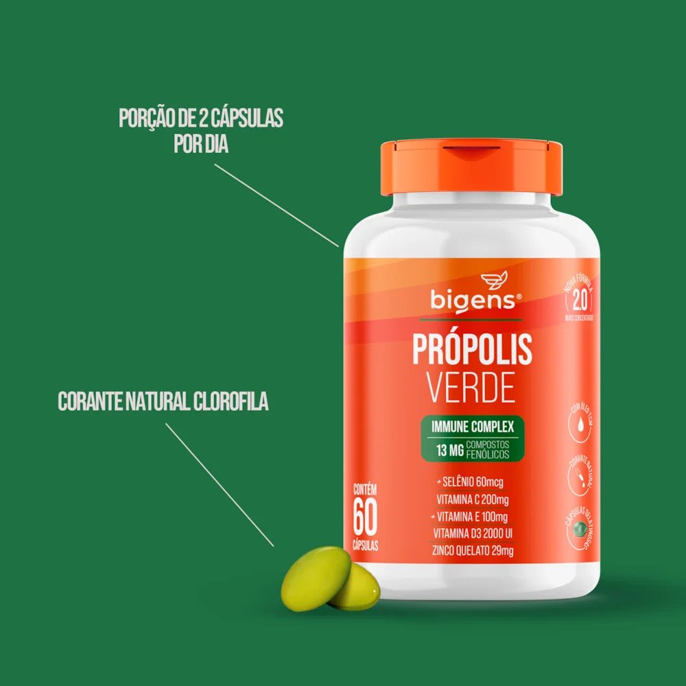 Própolis Verde Complex Zinco +Selenio +Vitamina D3 +Compostos Fenólicos 60 Cápsulas - Bigens