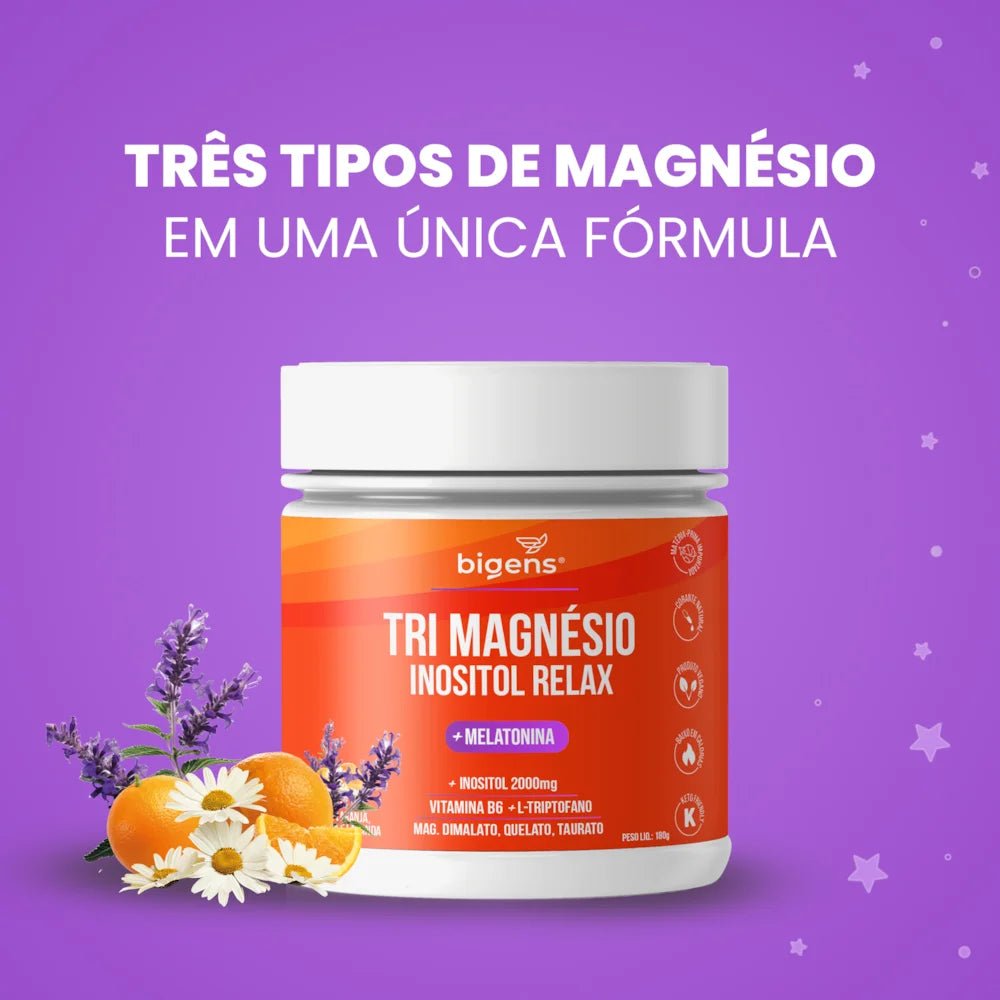 Tri Magnésio Inositol + Melatonina Lavanda | Triptofano + Vitamina B6 180g - Bigens