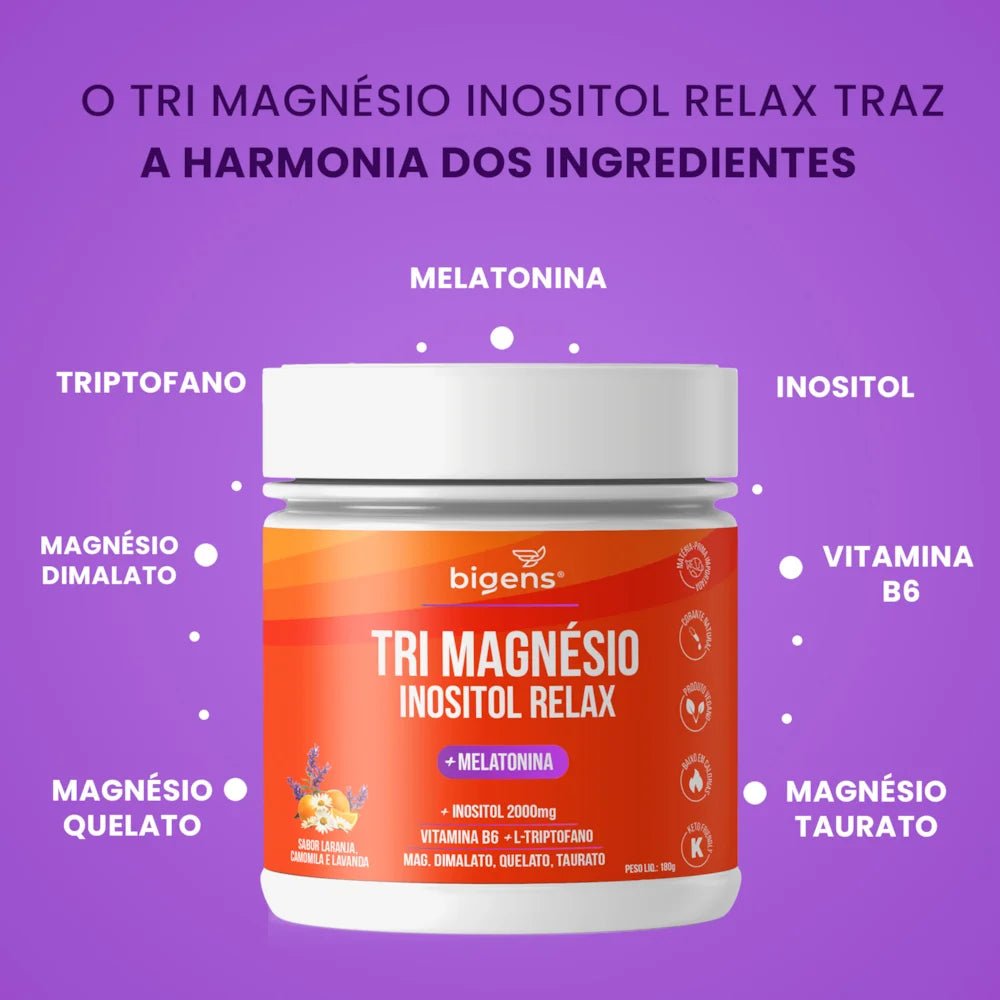 Tri Magnésio Inositol + Melatonina Lavanda | Triptofano + Vitamina B6 180g - Bigens