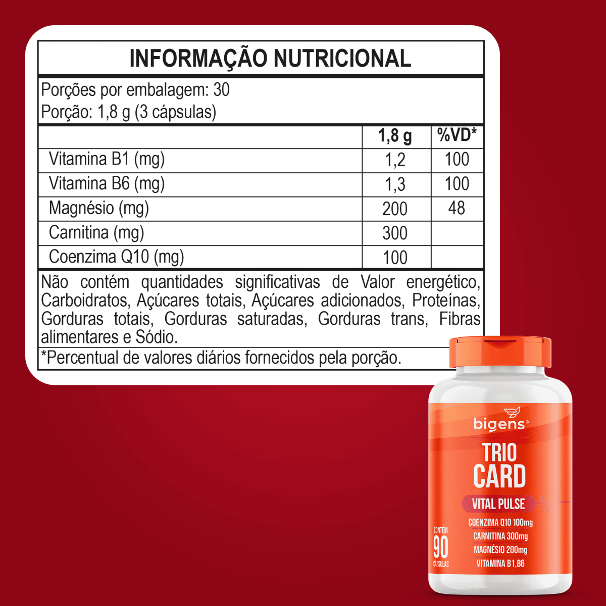 Trio Card | Coenzima Q10 + Carnitina + Magnésio + Vit. B1, B6 90 Cápsulas - Bigens