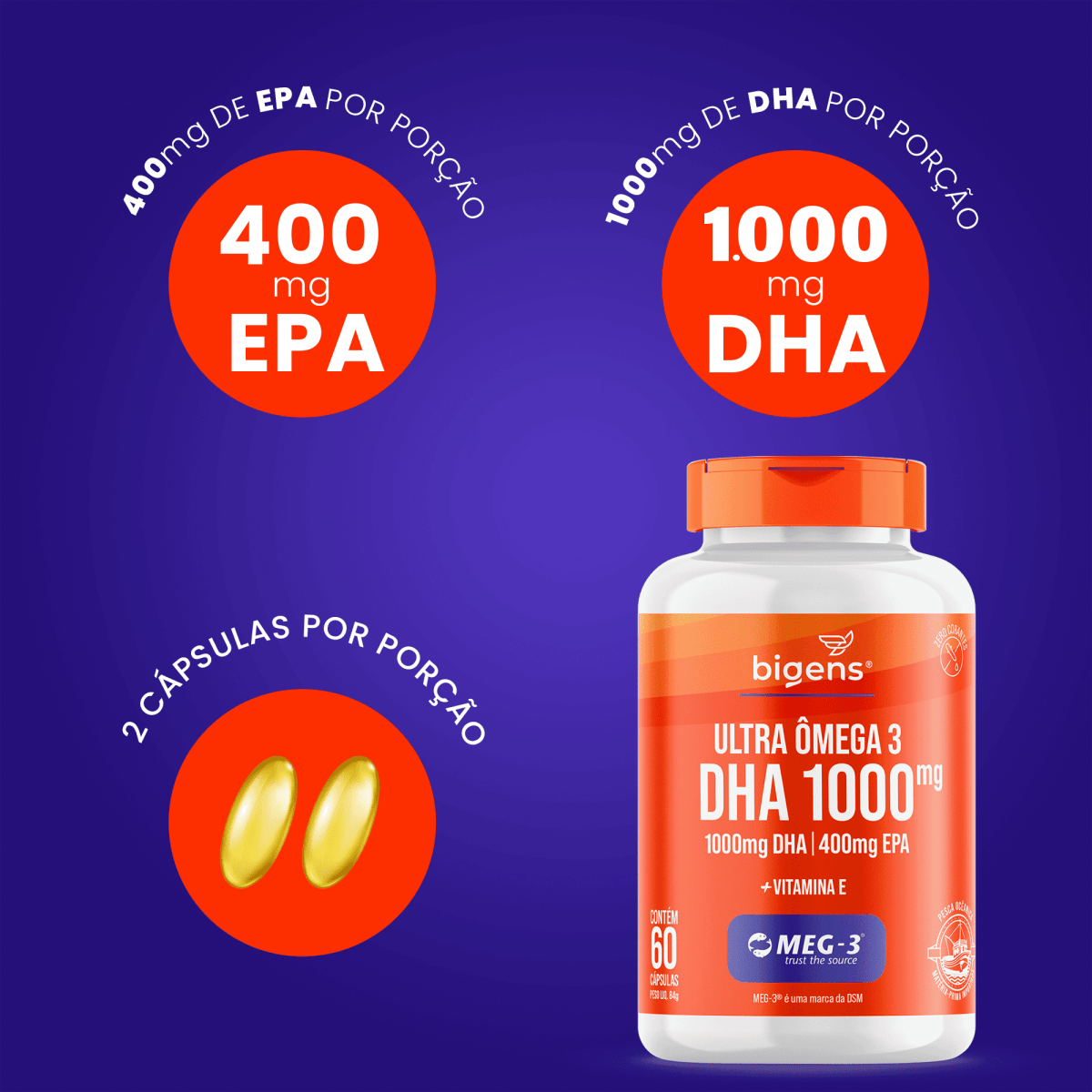 Ultra Ômega 3 | EPA 400mg DHA 1000mg + Vitamina E 60 Cápsulas - Bigens