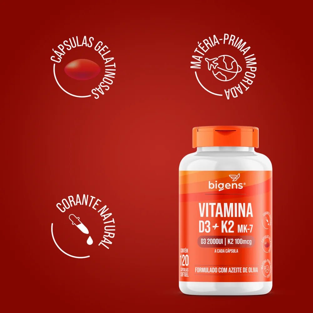 Vitamina D3 + K2 MK7 Cápsulas | 2000 UI 100 MCG 120 Cápsulas Softgel - Bigens