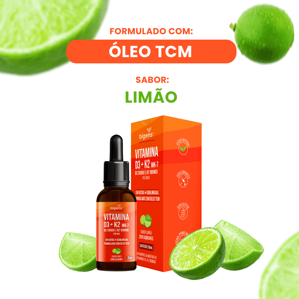 Vitamina D3 + K2 MK7 Gotas | Sabor Limão 20ml - Bigens