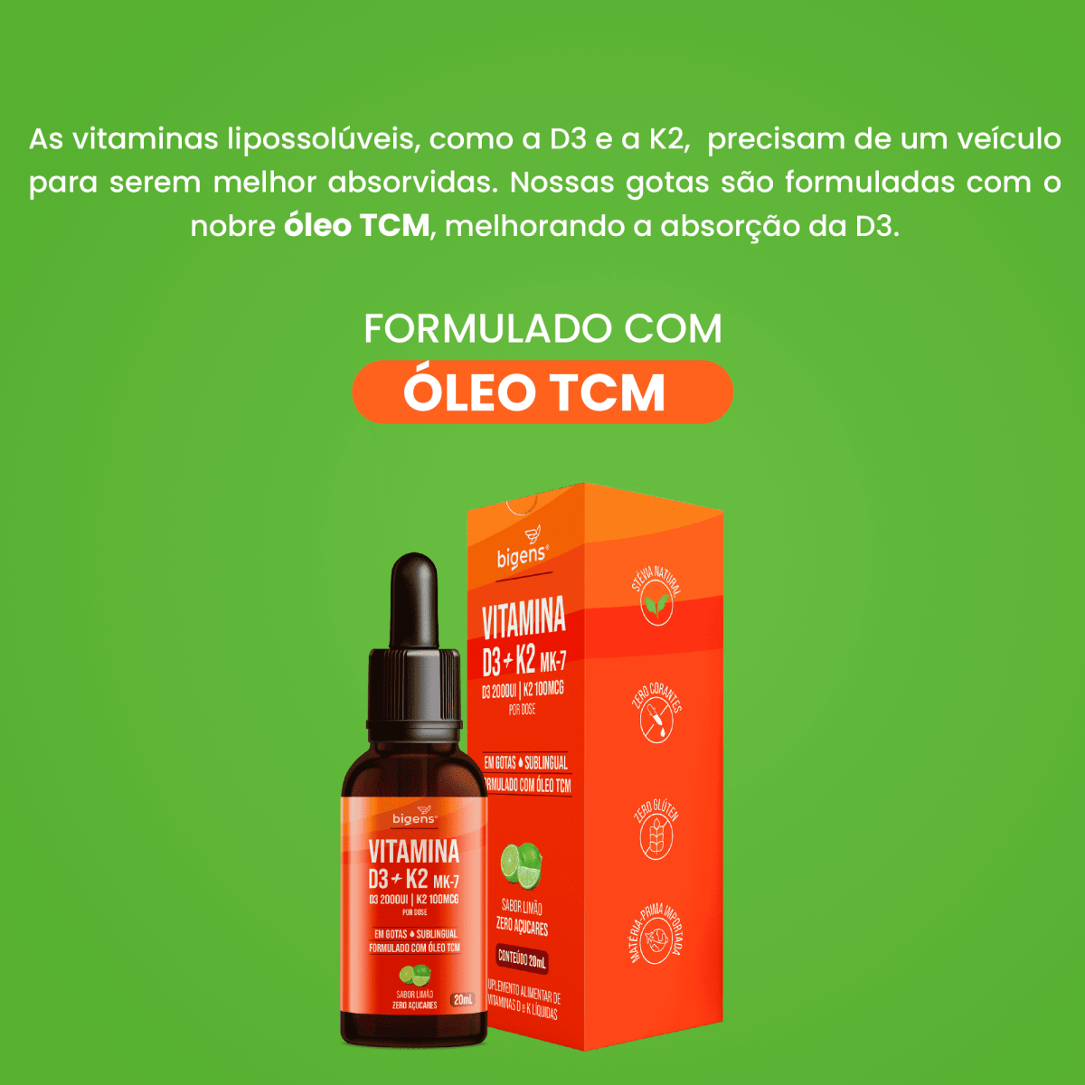 Vitamina D3 + K2 MK7 Gotas | Sabor Limão 20ml - Bigens
