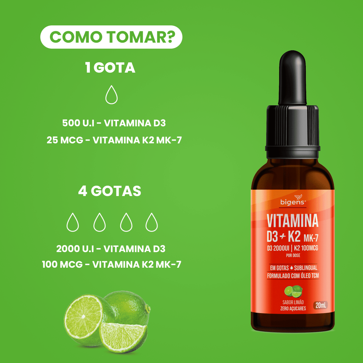 Vitamina D3 + K2 MK7 Gotas | Sabor Limão 20ml - Bigens