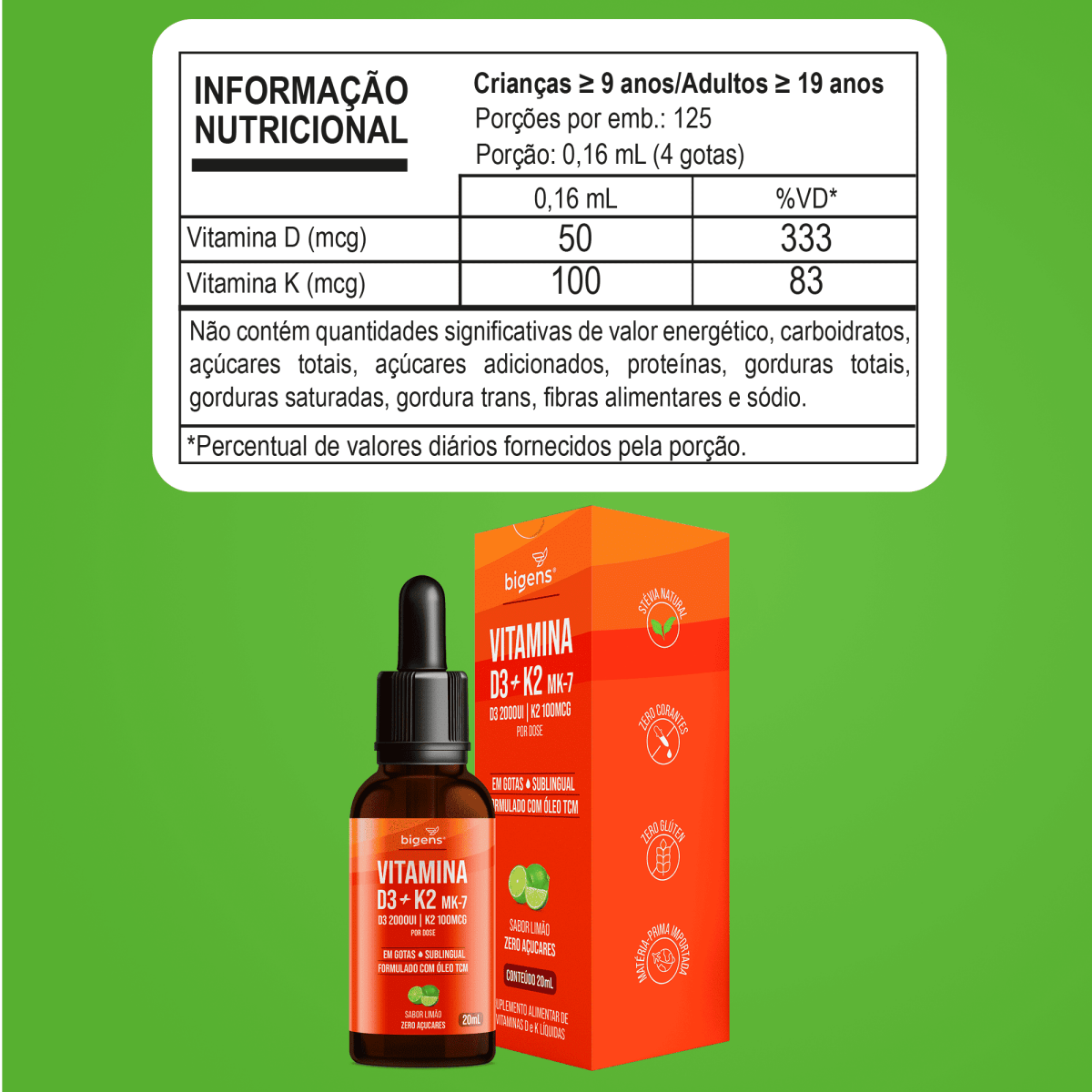 Vitamina D3 + K2 MK7 Gotas | Sabor Limão 20ml - Bigens