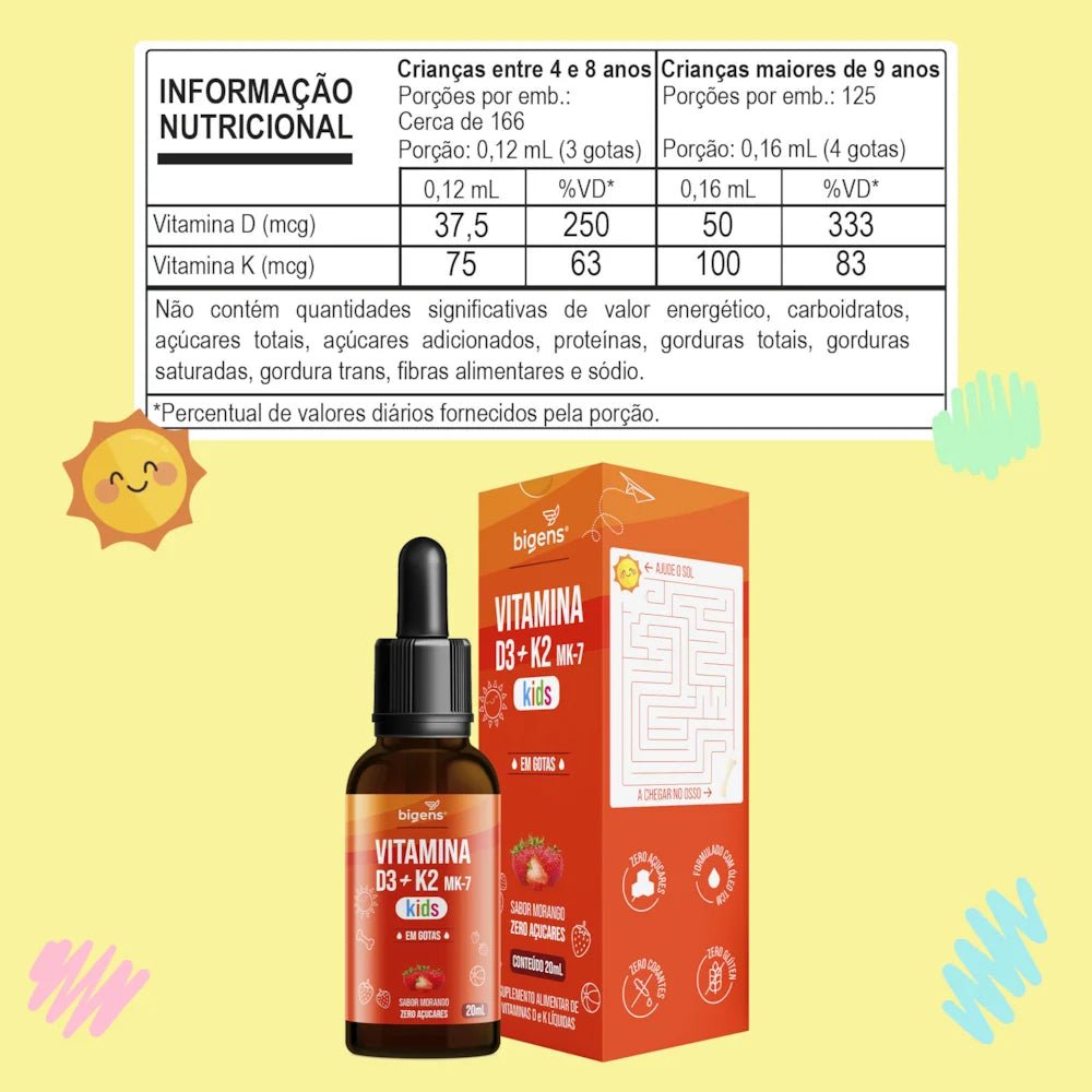 Vitamina D3 + K2 MK7 Kids | Sabor Morango 20ml - Bigens