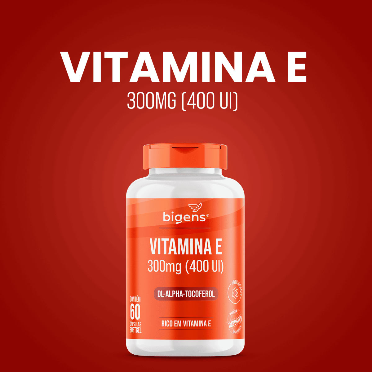 Vitamina E | 300mg (400 UI) DL - alpha - Tocoferol 60 Cápsulas Softgel - Bigens