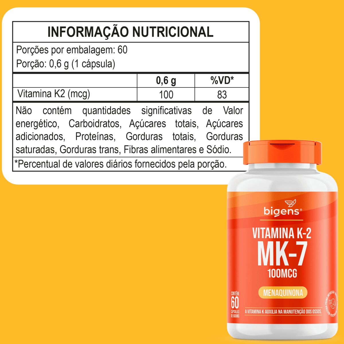 Vitamina K2 MK - 7 | Menaquinona 100MCG 60 Cápsulas - Bigens