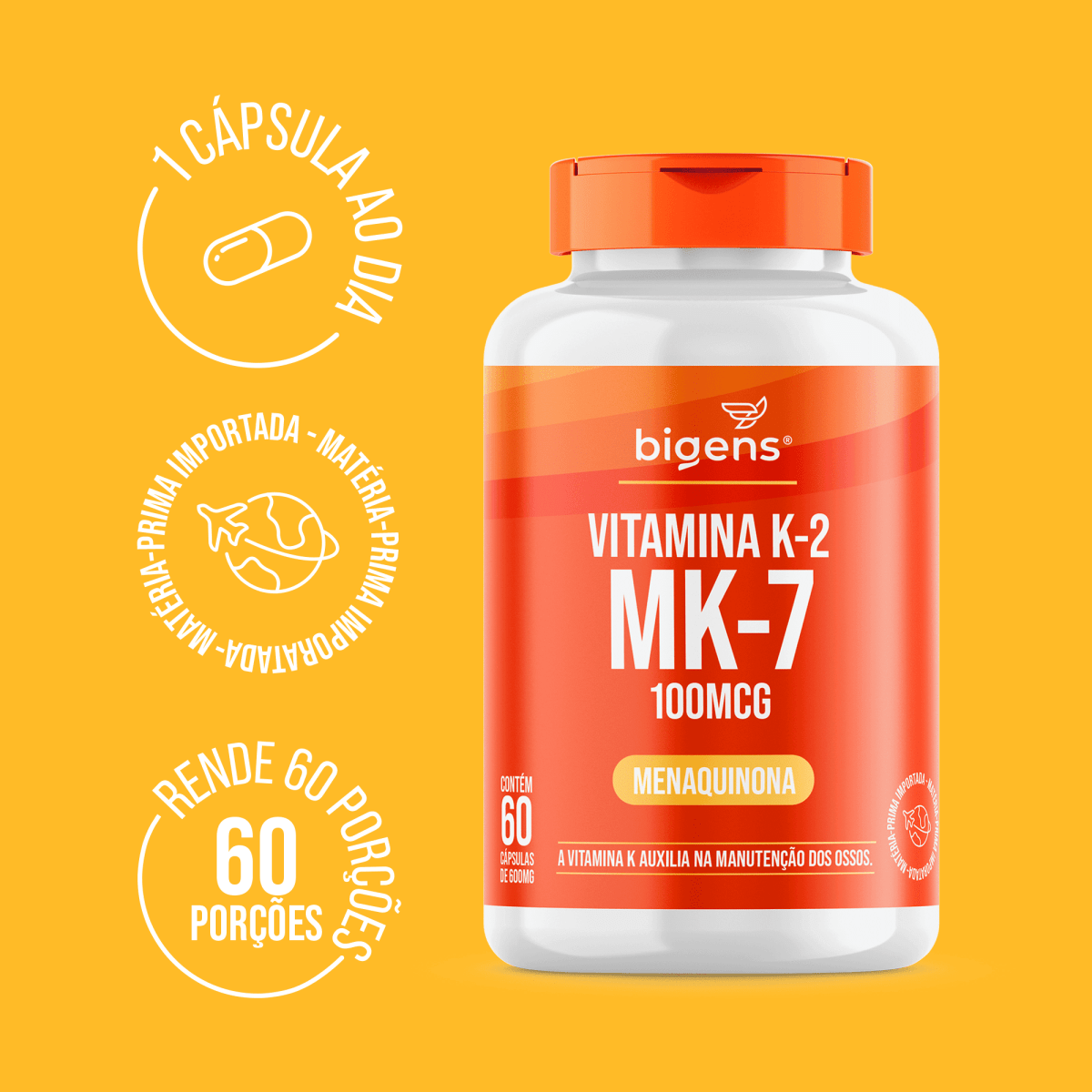 Vitamina K2 MK - 7 | Menaquinona 100MCG 60 Cápsulas - Bigens