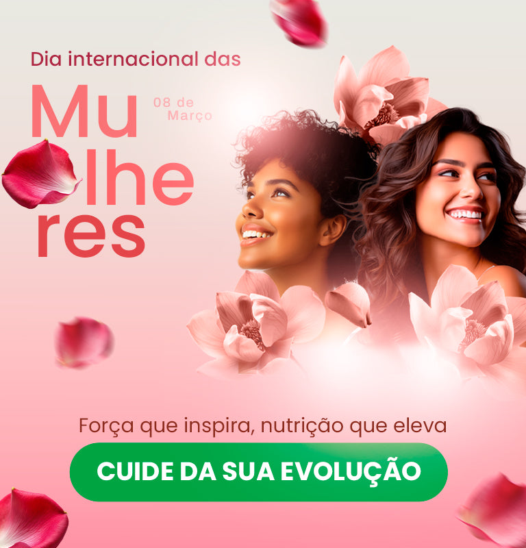 Banner Dia Internacional das Mulheres com duas mulheres olhando para cima entre pétalas e flores sobre fundo rosa