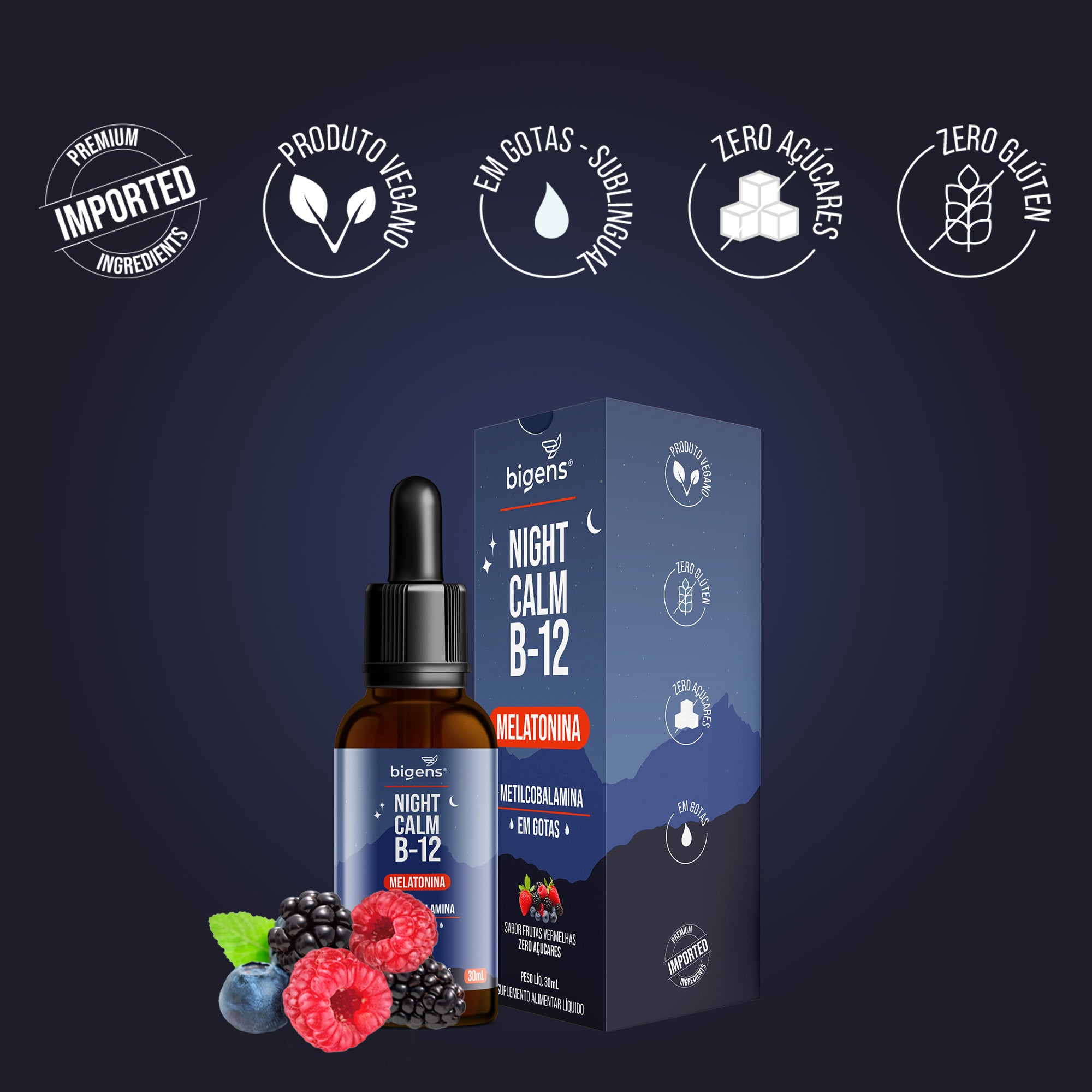 Night Calm B12 | Sabor Frutas Vermelhas Melatonina + Metil B12 30ml