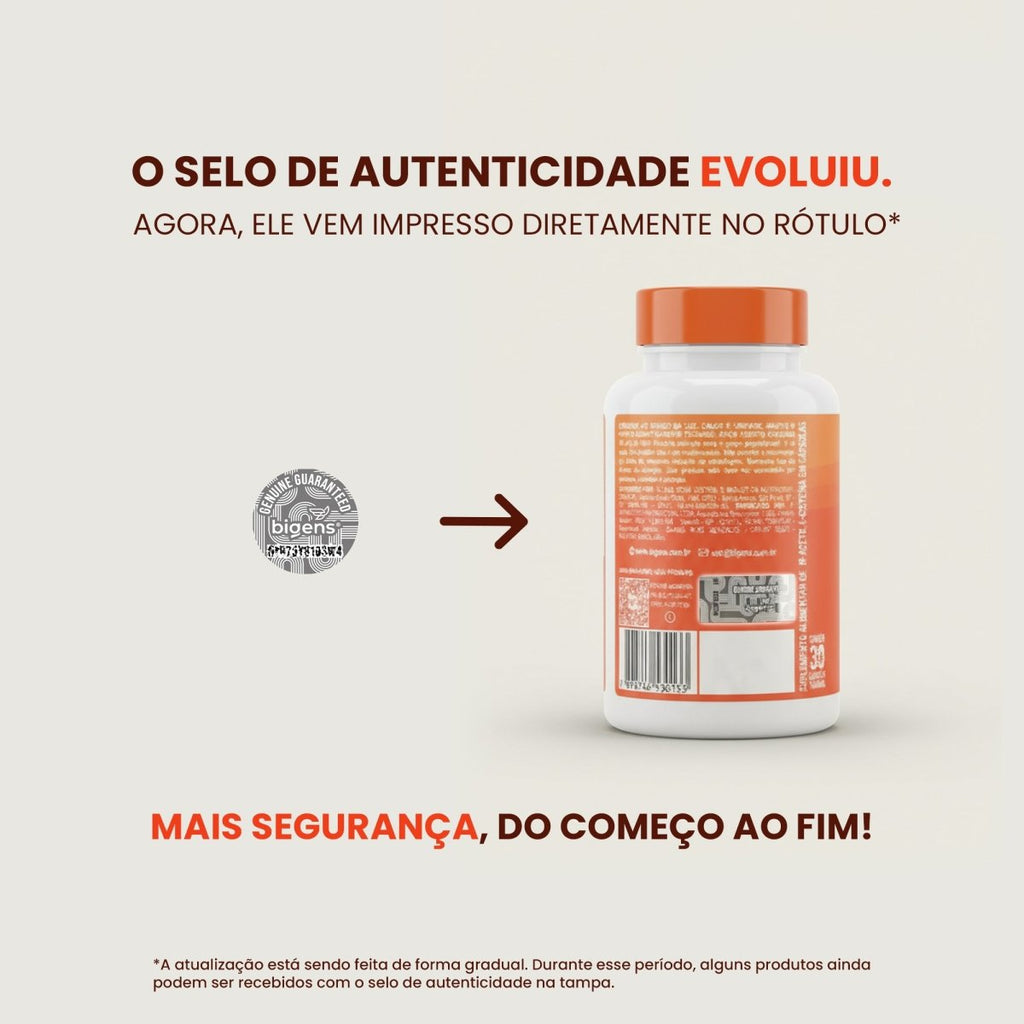 Selo de autenticidade Bigens: evolução da segurança com impressão direta no rótulo do frasco para assegurar a originalidade.