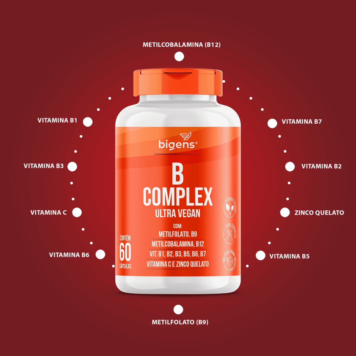 B complex | B9 + B12 + B1 + B2 + B3 + B5 + B6 e B7 60 Cápsulas - Bigens