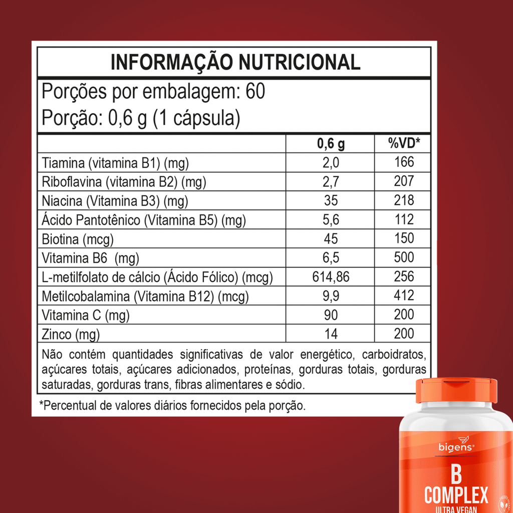 B complex | B9 + B12 + B1 + B2 + B3 + B5 + B6 e B7 60 Cápsulas - Bigens