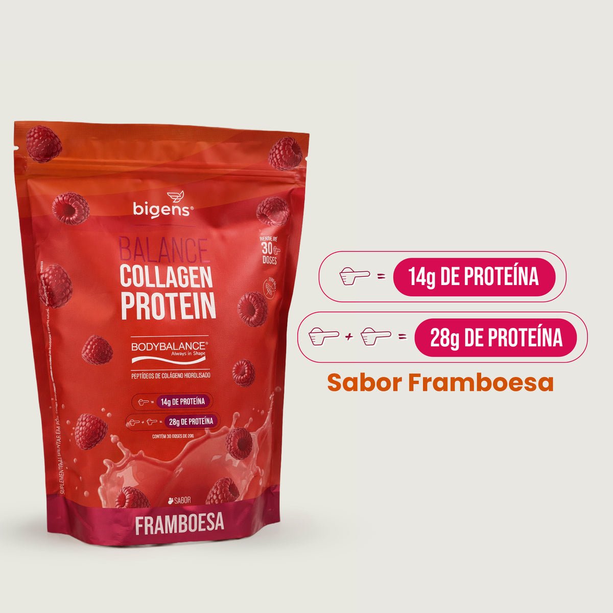Balance Collagen Protein Framboesa | BodyBalance® Peptídeos de Colágeno Hidrolisado 600g - Bigens