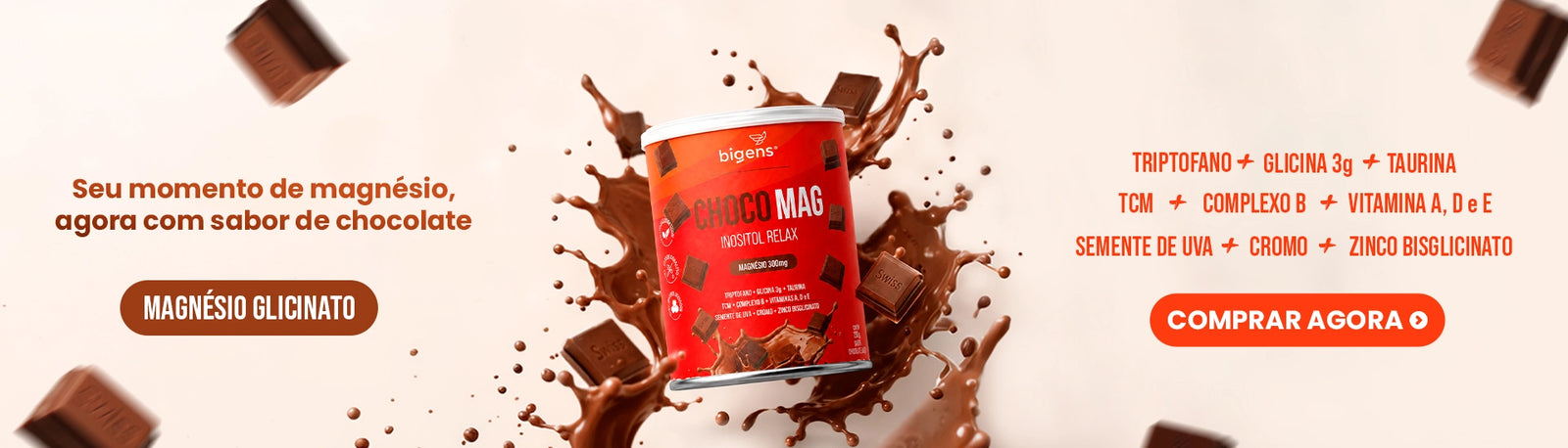 Conheça o Choco Mag Bigens. Ele une sabor chocolate, magnésio glicinato e nutrientes em uma opção prática para incluir na rotina.
