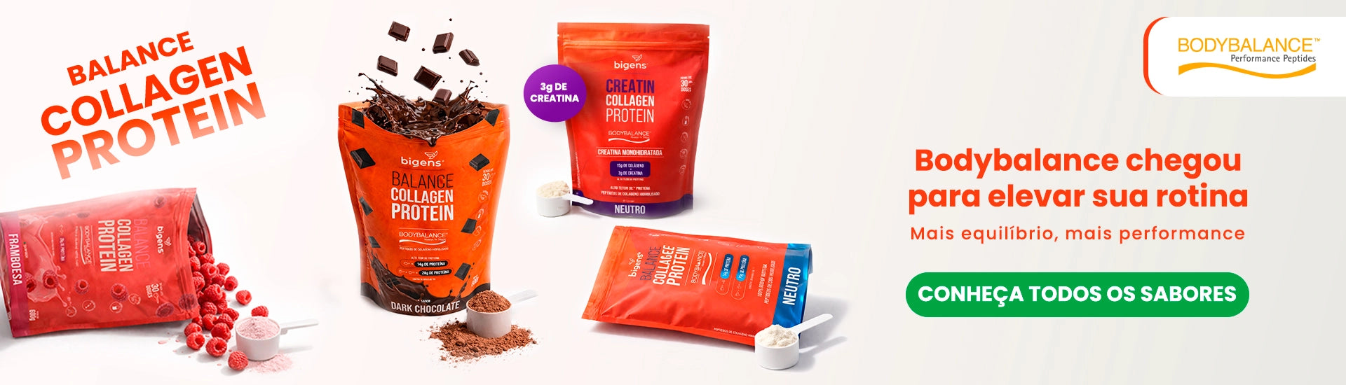 Novos lançamentos Bigens: Balance Collagen Protein Bigens com sabores framboesa, chocolate e neutro. BodyBalance® Peptídeos de Colágeno Hidrolisado.