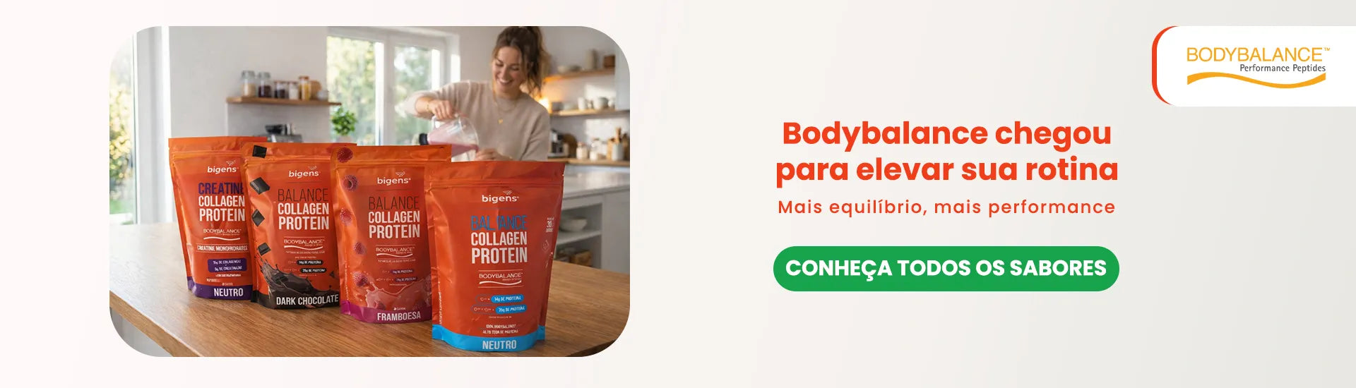 Novos lançamentos Bigens: Balance Collagen Protein Bigens com sabores framboesa, chocolate e neutro. BodyBalance® Peptídeos de Colágeno Hidrolisado.
