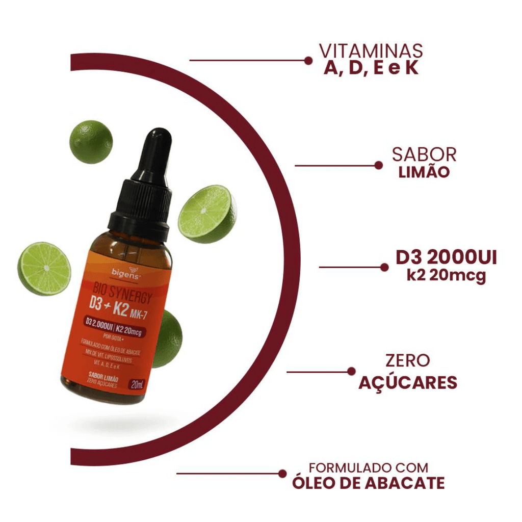 Bio Synergy, D3 2000ui + K2 Mk7 20mcg, vitamina A, D E e K, Sabor Limão, 20mL - Bigens