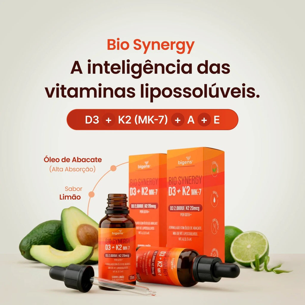 Bio Synergy | D3 2000ui + K2 Mk7 20mcg, vitamina A, D E e K, Sabor Limão, 20mL - Bigens