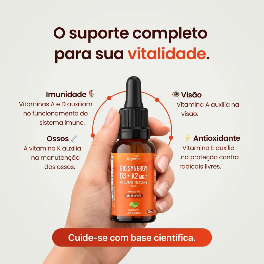 Bio Synergy | D3 2000ui + K2 Mk7 20mcg, vitamina A, D E e K, Sabor Limão, 20mL - Bigens