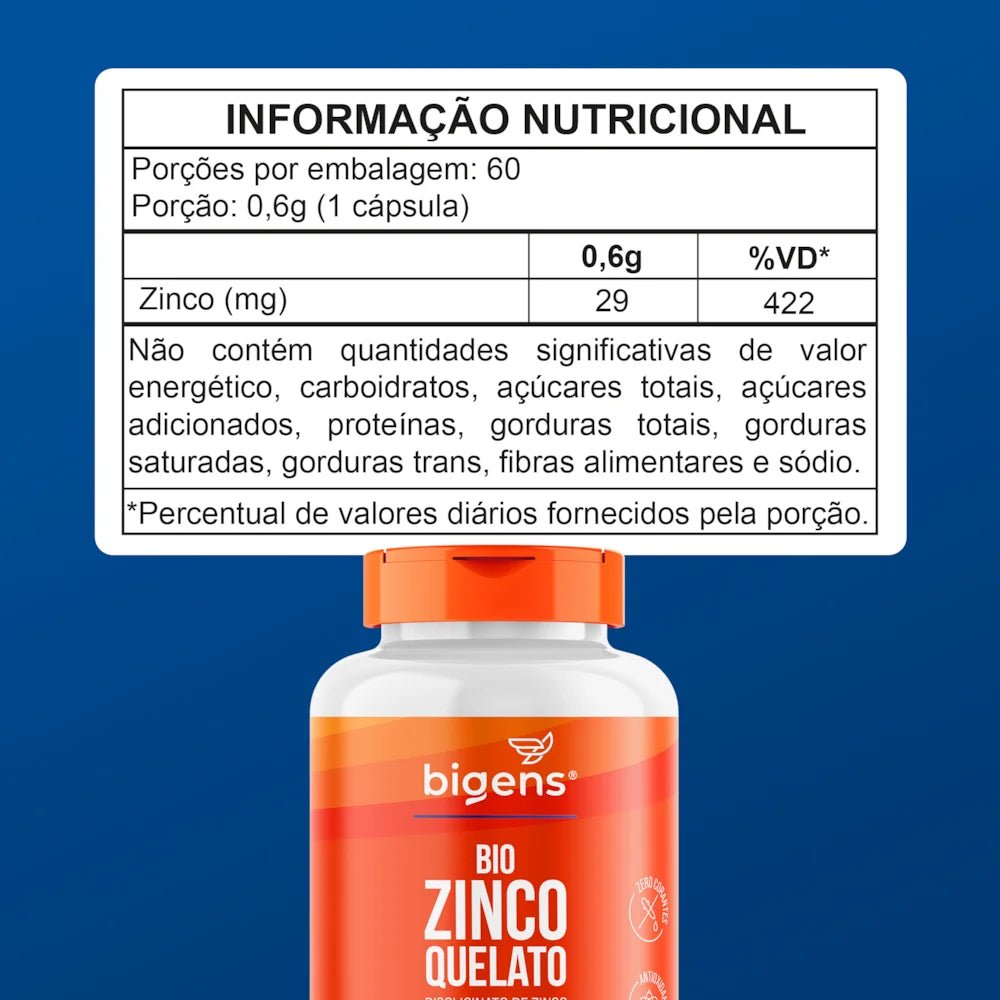 Bio Zinco Quelato | 29mg Bisglicinato de Zinco 60 Cápsulas - Bigens