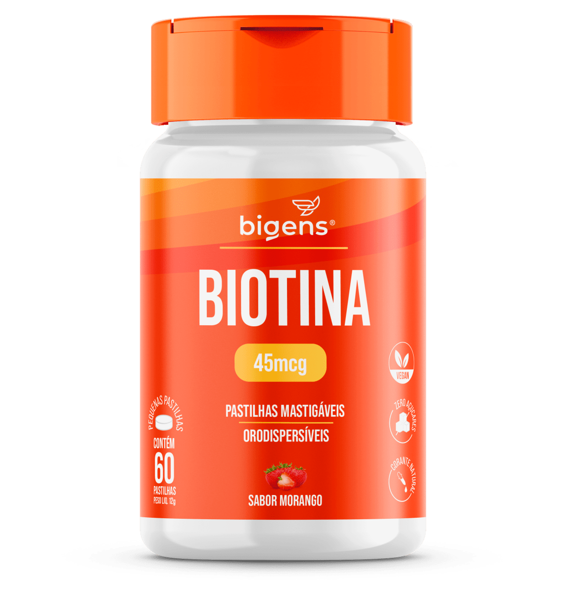Biotina | 45mcg Sabor Morango 60 Pastilhas Mastigáveis - Bigens