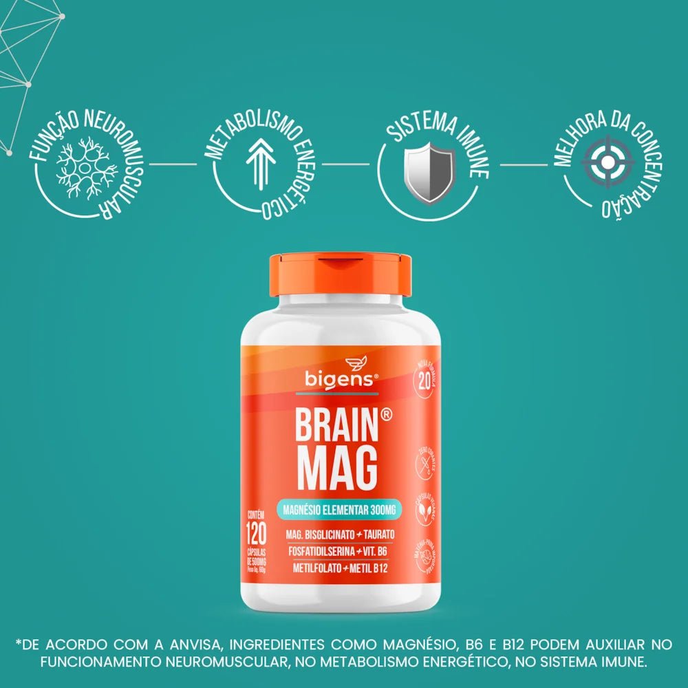 Brain Mag 2.0 | Magnésio + Forfatidilserina + B6, B9, B12 120 Cápsulas - Bigens