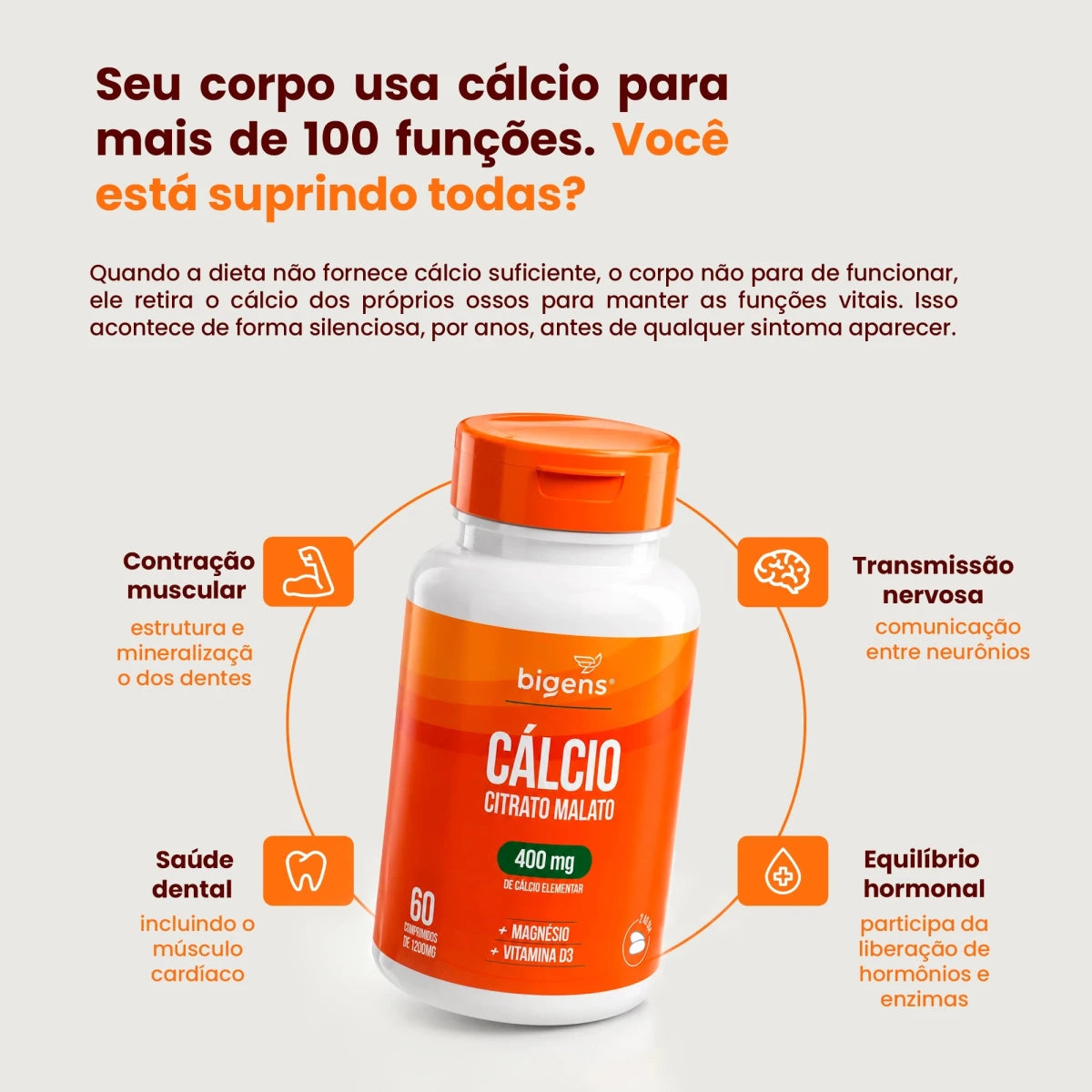 Cálcio Citrato Malato 400mg + Magnésio 130mg + Vitamina D3 25mcg | 60 cápsulas - Bigens