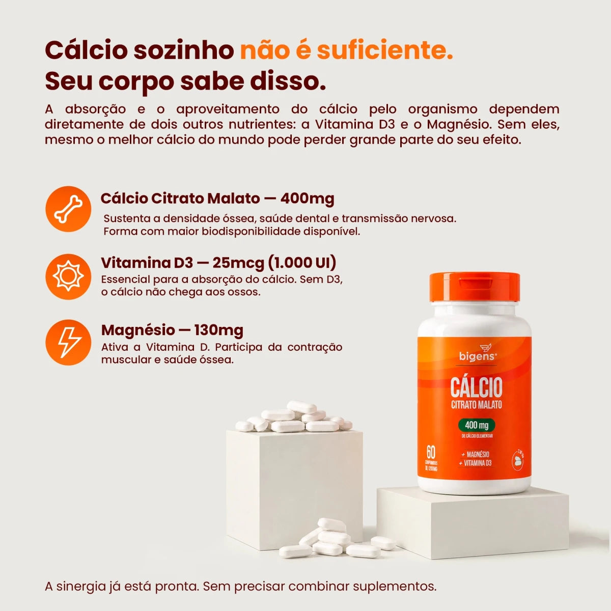 Cálcio Citrato Malato 400mg + Magnésio 130mg + Vitamina D3 25mcg | 60 cápsulas - Bigens