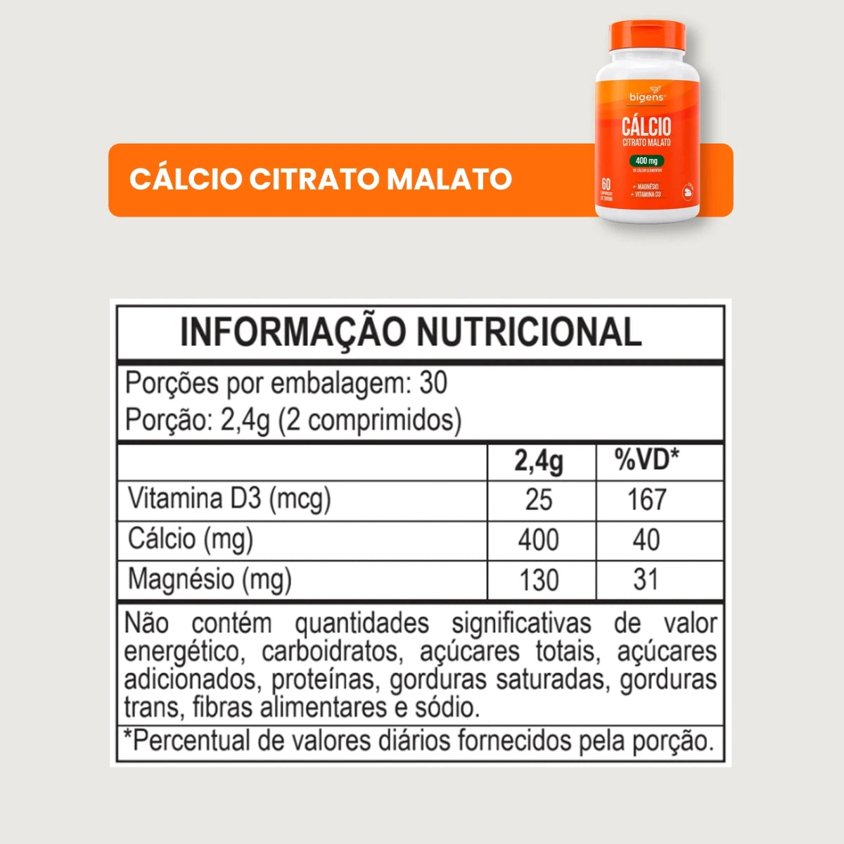 Cálcio Citrato Malato 400mg + Magnésio 130mg + Vitamina D3 25mcg | 60 cápsulas - Bigens