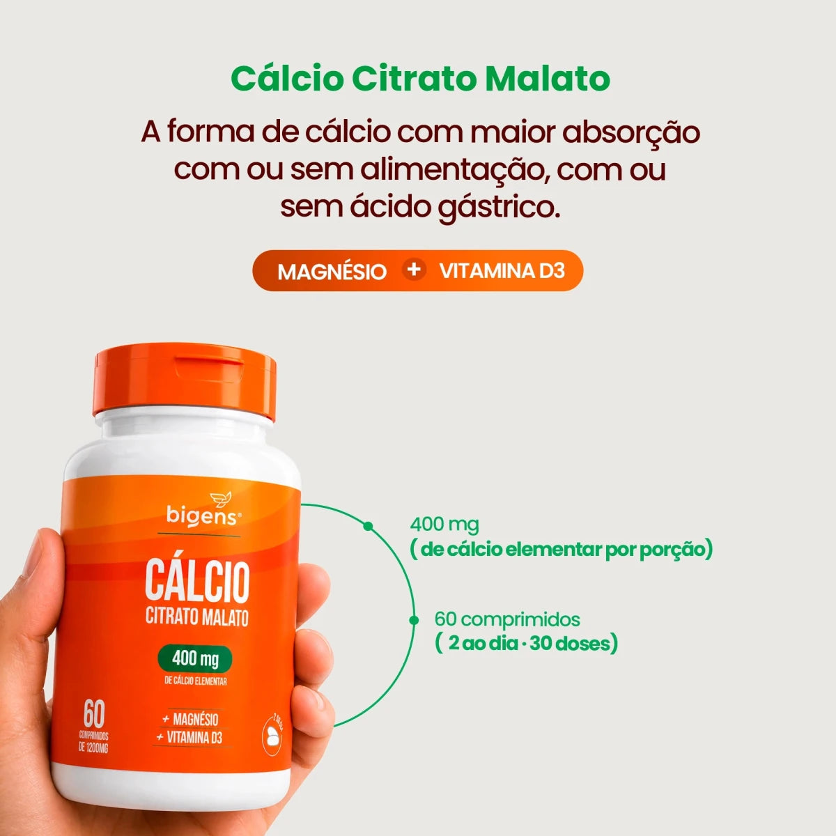 Cálcio Citrato Malato 400mg + Magnésio 130mg + Vitamina D3 25mcg | 60 cápsulas - Bigens