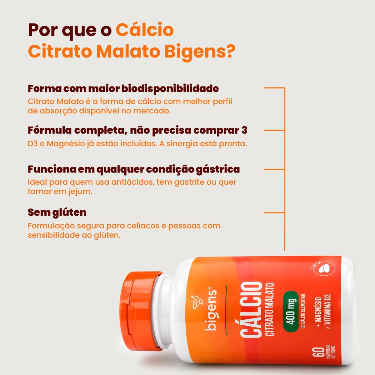 Cálcio Citrato Malato 400mg + Magnésio 130mg + Vitamina D3 25mcg | 60 cápsulas - Bigens